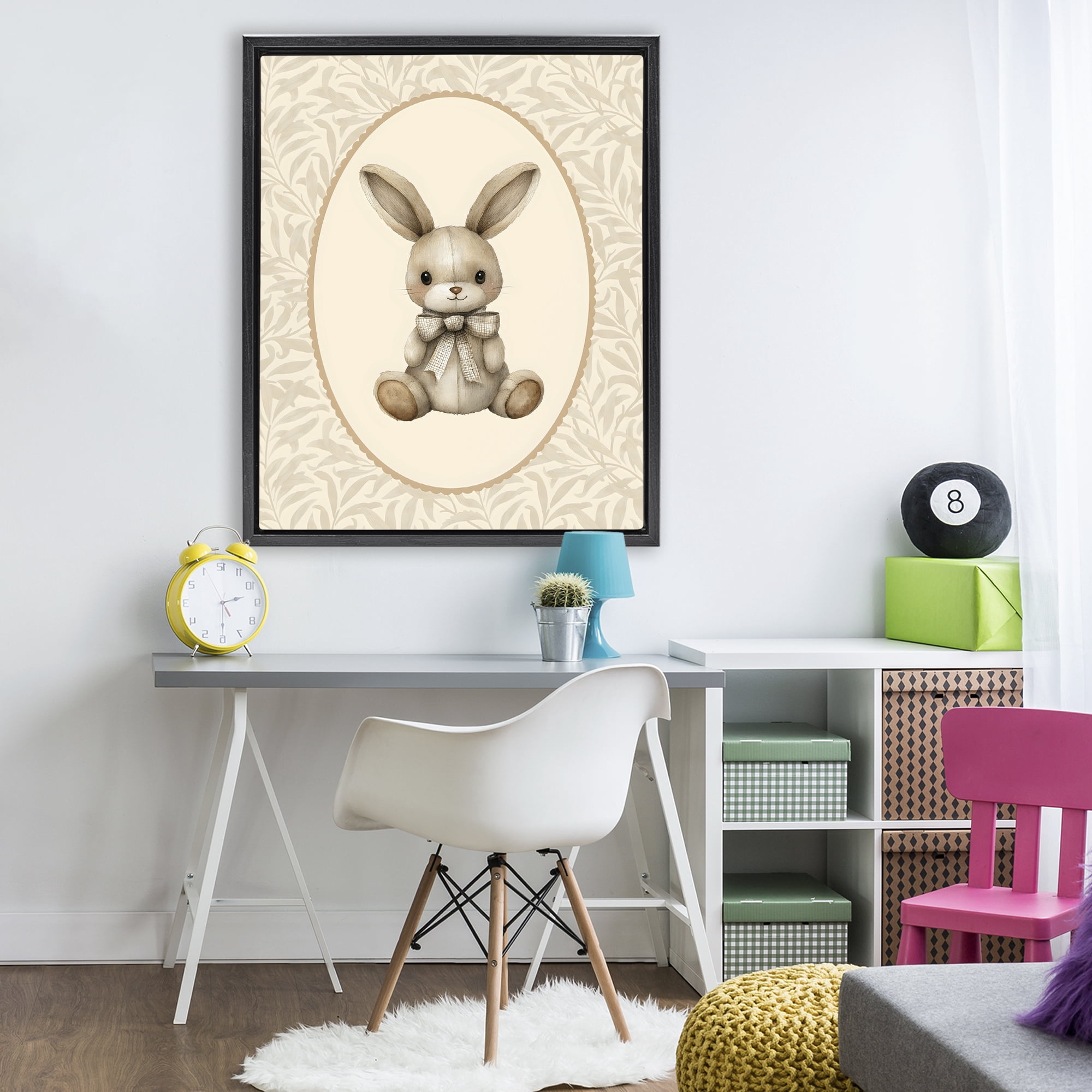 Stupell Industries Neutral Bunny in Oval Border Black Framed Floater Canvas Wall Art, design by LSR Design Studio