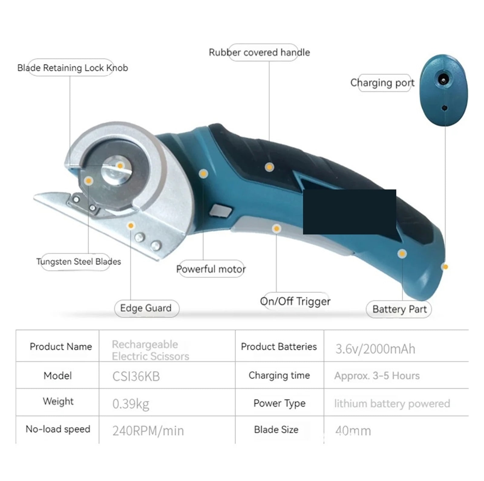 3.6V Electric Scissors For Fabric Cloth Leather Cutting Cordless Mini Cutter Compact Tailor Round Blade For Crafts Cardboard ,Lightweight and Comfortable