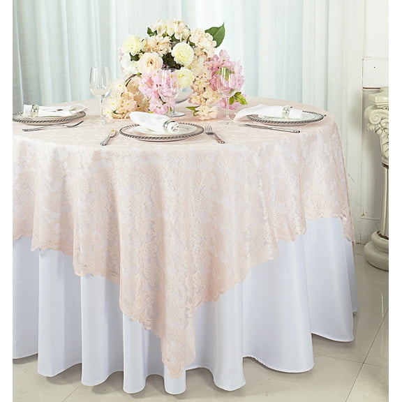 Wedding Linens Inc. 72 in x 72 in Lace Table Overlays, Lace Tablecloths Square, Lace Table Overlay Linens, Lace Table Toppers for Wedding Decorations, Events Banquet Party Supplies (1pc) - Blush Pink