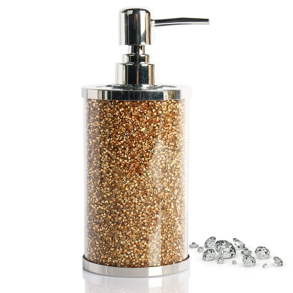 Glass Soap Dispenser with Bling Crystal, Refillable Dispenser with Stainless Steel Pump for Lotion Soap,Hand Soap, Dish Soap Bathroom, Kitchen (Gold)
