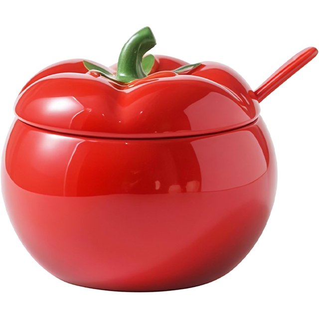 YISITIAN Tomato Ceramic Sugar Bowl with Lid and Spoon, Red Spice Jar for Salt Pepper Storage on Kitchen Countertop, Decorative Vegetable Themed Container for Dining Table AZ1014-4605