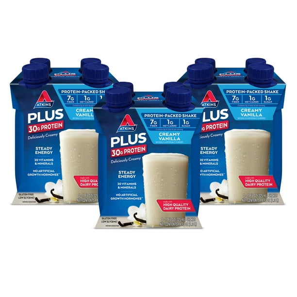 Atkins PLUS Protein & Fiber Creamy Vanilla Shake, 11 fl oz, 12 CT