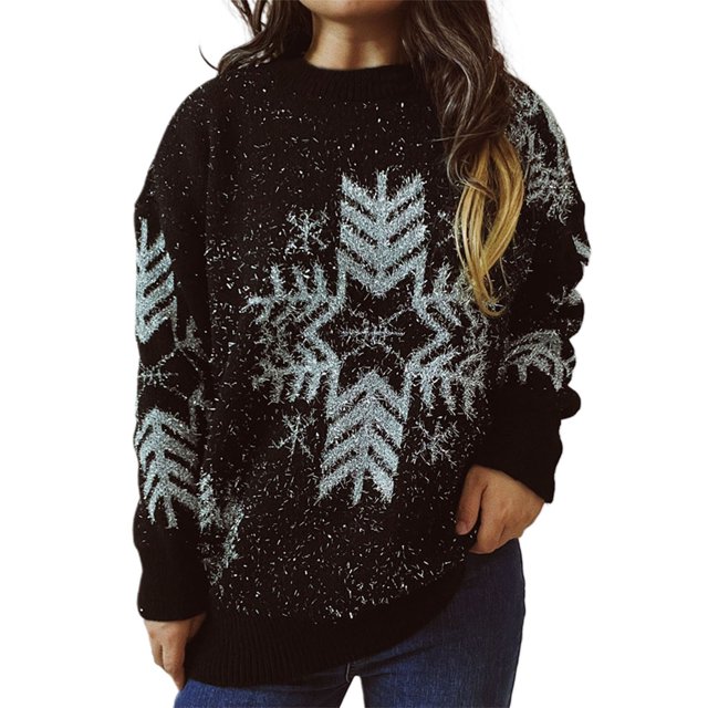 Suéter de Punto Suéter grueso de manga larga con cuello redondo para mujer holgado con dorado de nieve grande Navidad moda de otoño e invierno Negro S Gibobby
