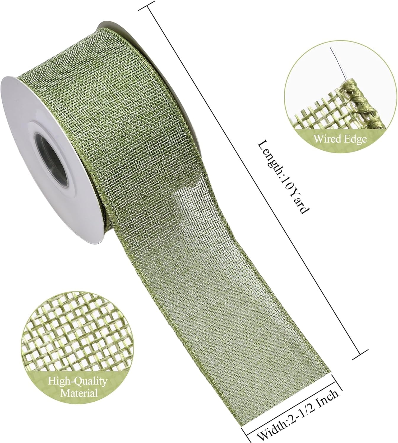 Burlap Moss Green Wired Ribbon, 2 1/2 inch 10 Yard, Jute Ribbon for Decoration Bows Craft Gift Wrapping Wreath Sewing