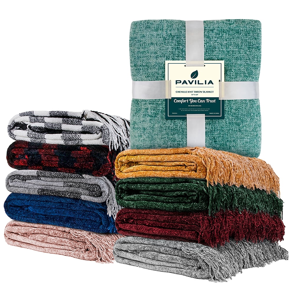 PAVILIA Teal Green Chenille Throw Blanket for Couch, Soft Turquoise Knit Blanket with Tassel Fringe, Woven Chenille Knitted Decorative Blanket for Sofa Bed Living Room, Decor Gift, 50x60