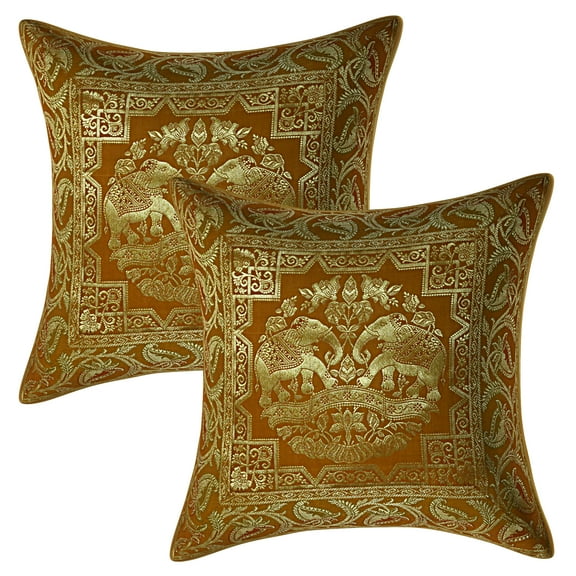 Stylo Culture Ethnic Couch Brocade Mustard Yellow And Gold Throw Pillow Covers 16x16 Jacquard Weave Sofa Winter Throw Pillow Covers Elephant Floral 40x40 cm Decorative Cushion Covers (Set Of 2)