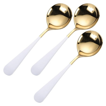 

3pcs White with Golden 304 Stainless Steel Spoon Fashion Dessert Serving Spoon Tableware Round Spoon for Home Restaurant