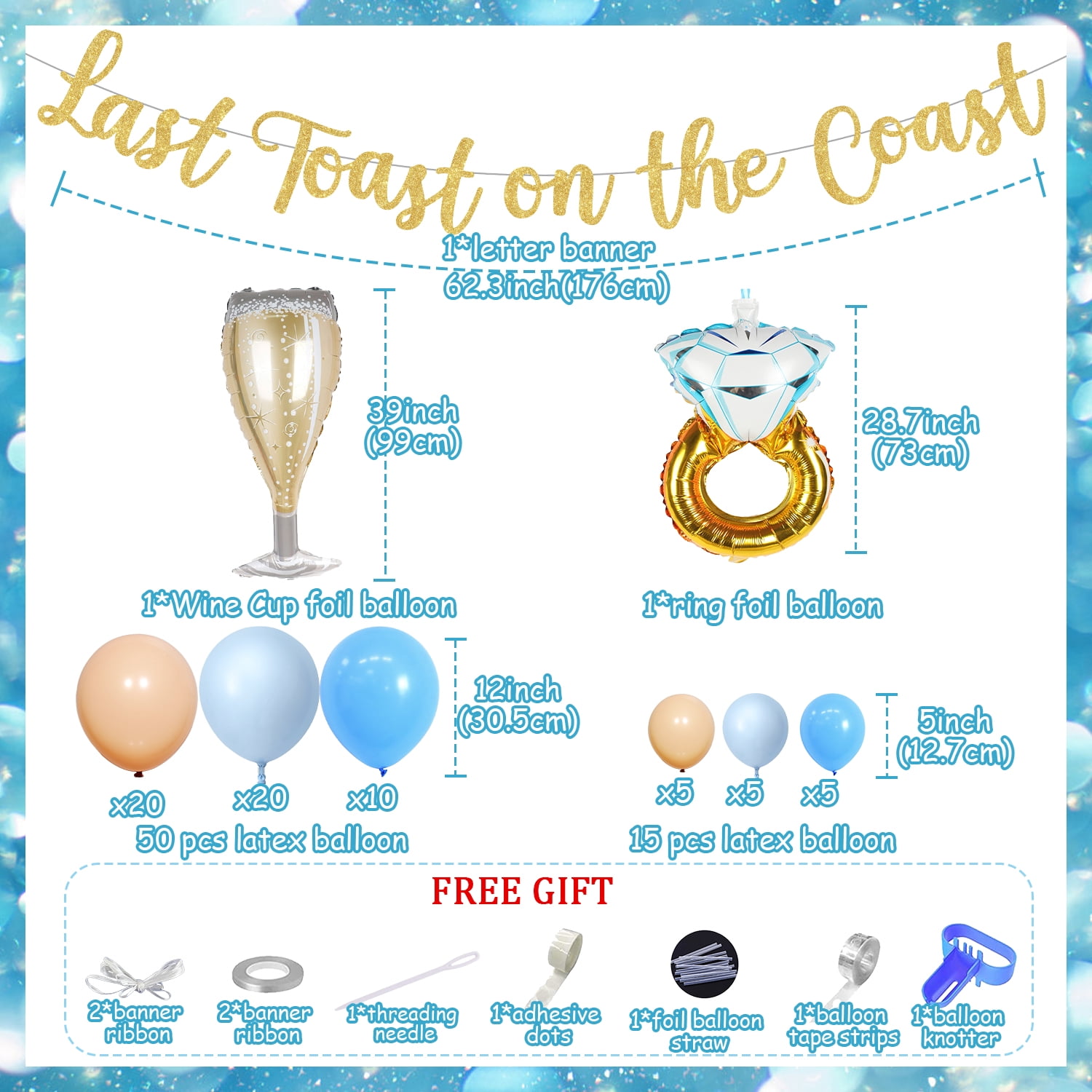 Bachelorette Party Decorations Glitter Gold Last Toast on The Coast Banner with Blue Apricot Balloon Garland Arch Kit, Ring and Champagne Foil Balloons for Hen Party Beach Wedding Engagement Decor