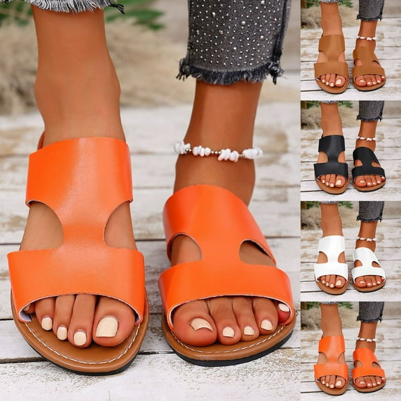 HAOTAGS Womens Slippers Flat Hollow Summer Slip On Sandals Orange Size 6.5