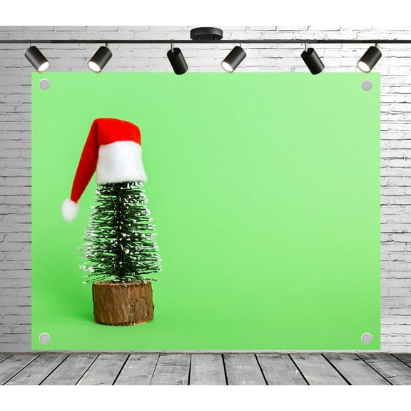 7x5ft Christmas Backdrop Santa Hat Adorned Tree Photo Backdrop Green Background Decoration Banner for Theme Party Wedding Birthday Baby Shower Photo Booth Studio Props
