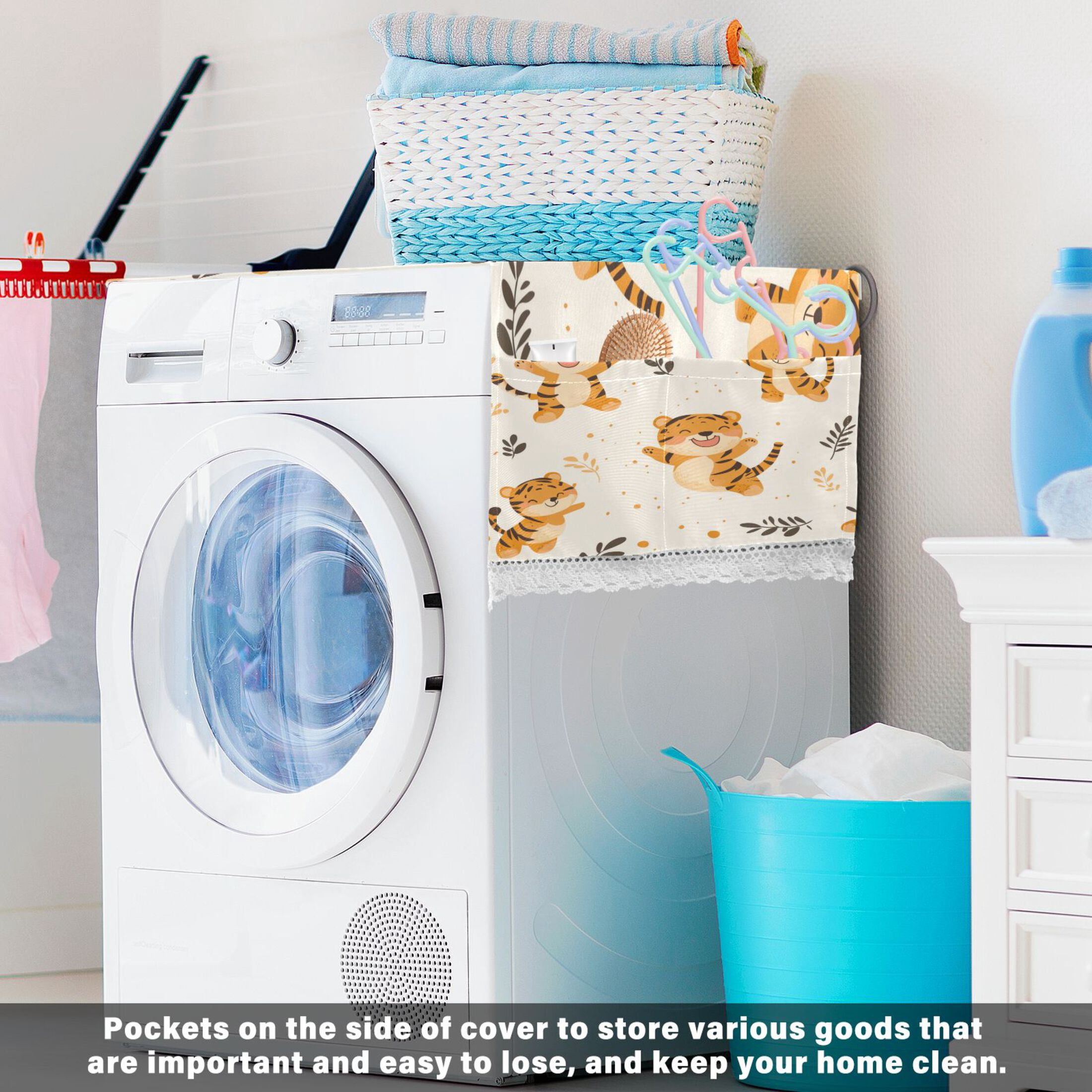 Cute Smile Jumping TigerWasher and Dryer Covers Dust-Proof and Oil Resistant Fridge Cover with 4 Storage Pockets Washing Machine Top Cover for Laundry Kitchen Home 51.2 x 22 In