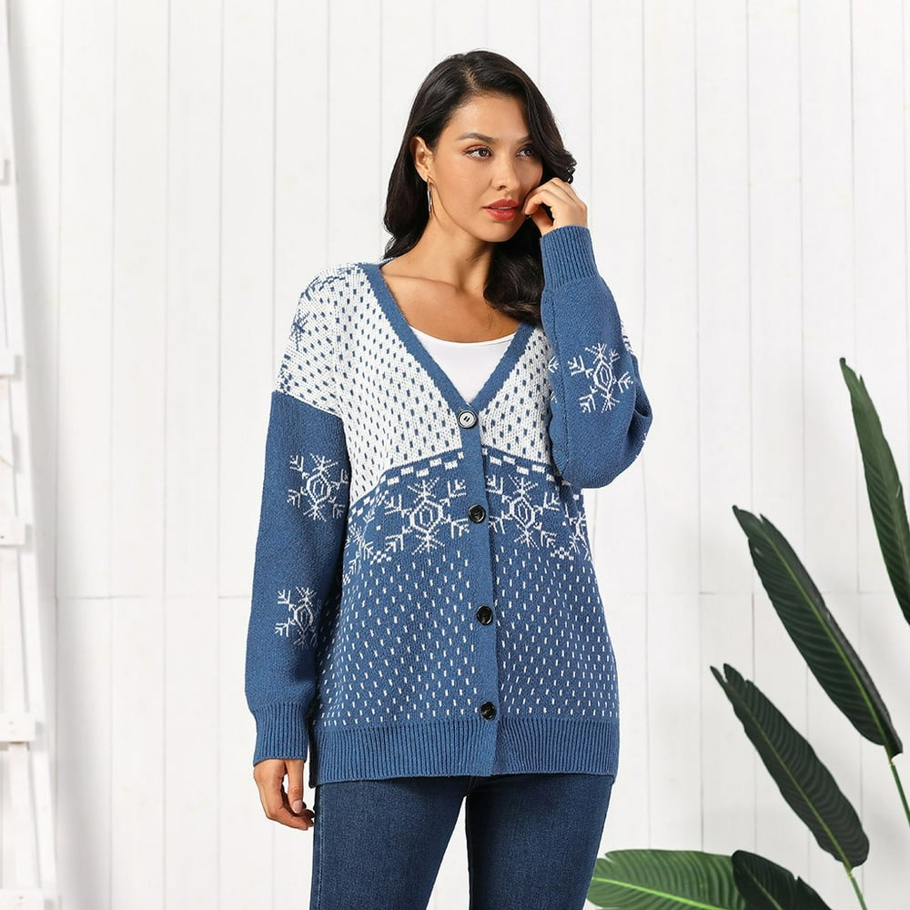 Women Christmas VNeck Long Sleeve Cardigan Snowflake Sweater Cardigan