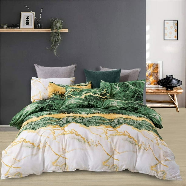 3 Pieces Marble Bedding Queen Duvet Cover Set Green White Gold Foil