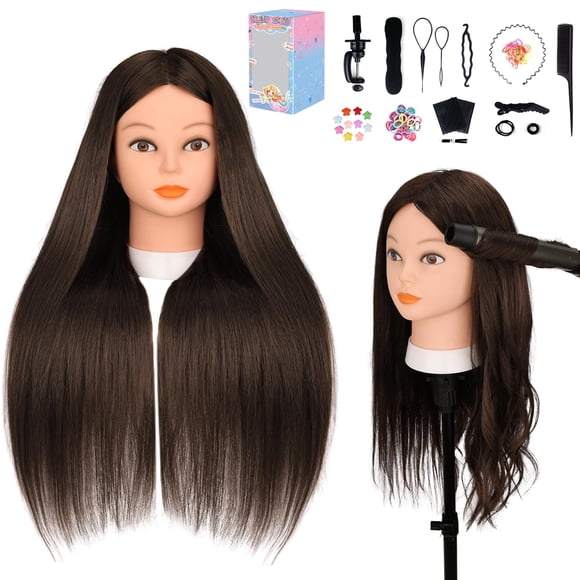 Mannequin Head with 70% Human Hair, Yofuly 26" Dark Brown Real Human Hair Training Head, Cosmetology Doll Head with Clamp Holder & Tools, Practice Doll Head for Hair Styling, Bra