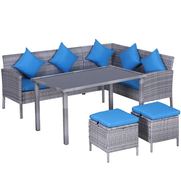 5-Piece Wicker Patio Furniture Set – Blue Cushioned Loungers & Dining Table for Outdoor Living, PE Rattan & Steel Frame, Ideal for Yards & Gardens