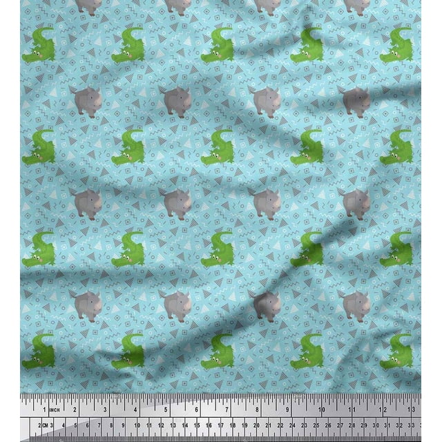 Soimoi Poly Georgette Fabric Geometric Shapes,Crocodile & Rhinoceros Kids Print Sewing Fabric Yard 52 Inch Wide