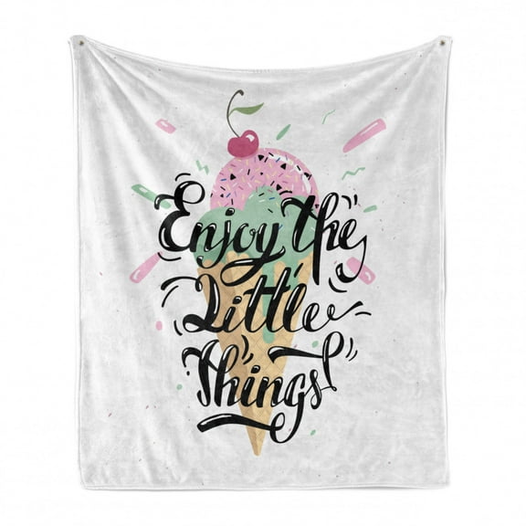 Enjoy the Little Things Soft Flannel Fleece Throw Blanket, Ice Cream on the Cone with Hand Lettering Inspirational Message, Cozy Plush for Indoor and Outdoor Use, 60" x 80", Multicolor, by Ambesonne