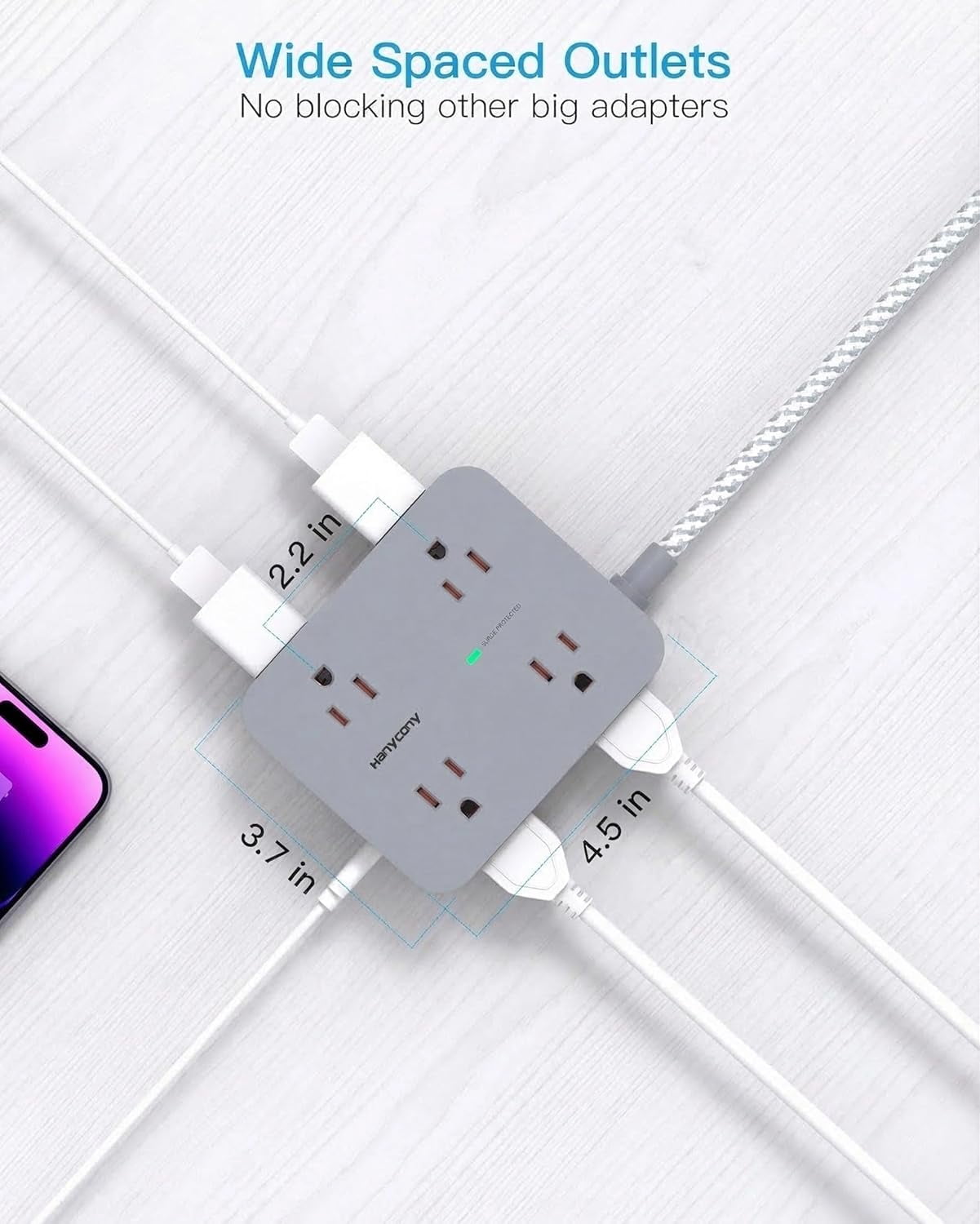 10 Ft Surge Protector Power Strip, Extension Cord with 8 AC Outlets 4 USB (2 USB C) Ports, Flat Plug, Wall Mount Desk USB Charging Station for Home