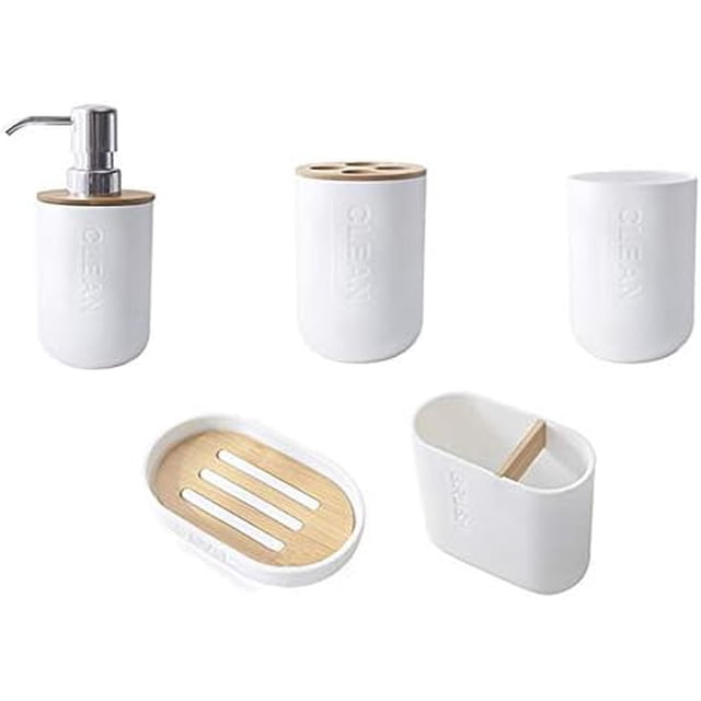Juego de 5 piezas de bambú para baño, soporte para cepillo de dientes de vidrio, dispensador de jabón, cuenco para jabón, accesorios de baño Sailing Electrónica