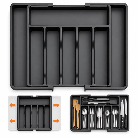 Aokeyee Silverware Drawer Organizer,Expandable Utensil Tray for Kitchen,Adjustable Cutlery Silverware Flatware Holder,Kitchen Drawer Organizer for Spoons/Forks/Knives,Black