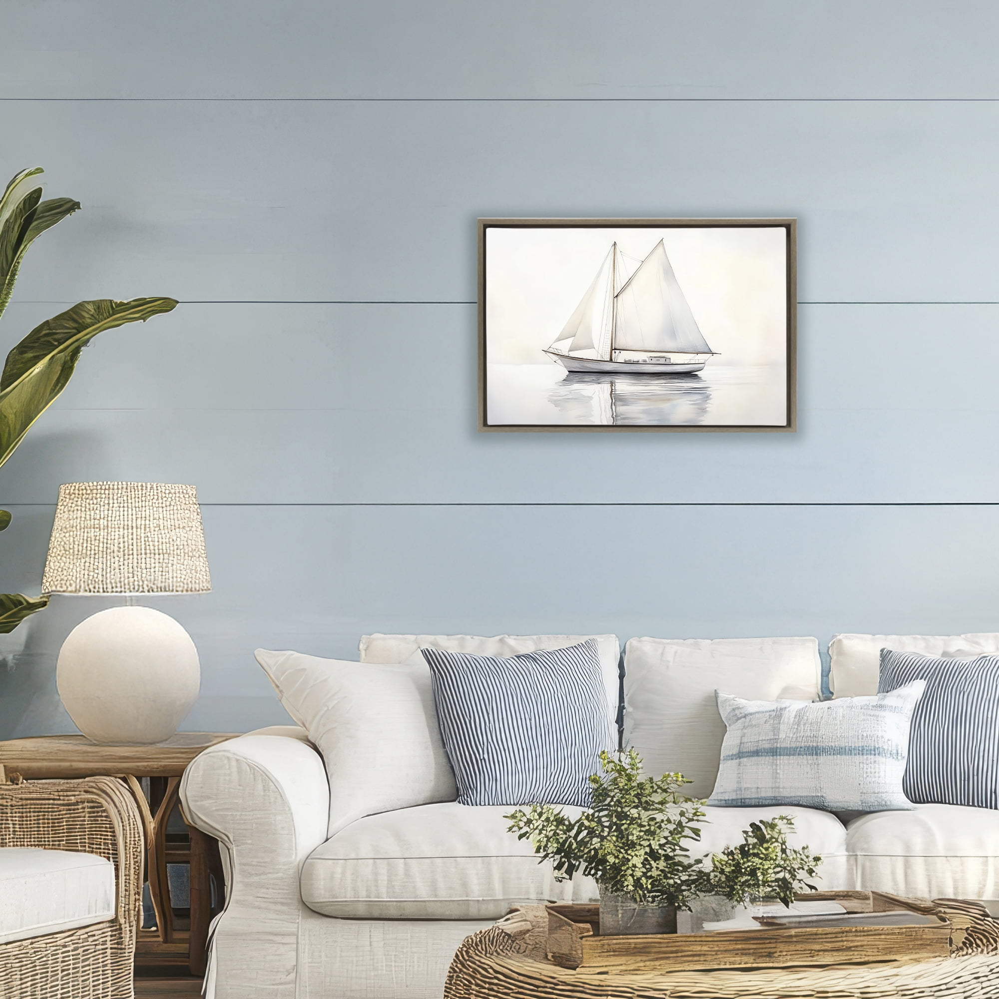 Stupell Industries Neutral Sailboat Reflection Brown Framed Floater Canvas Wall Art, design by Petal Prints Design