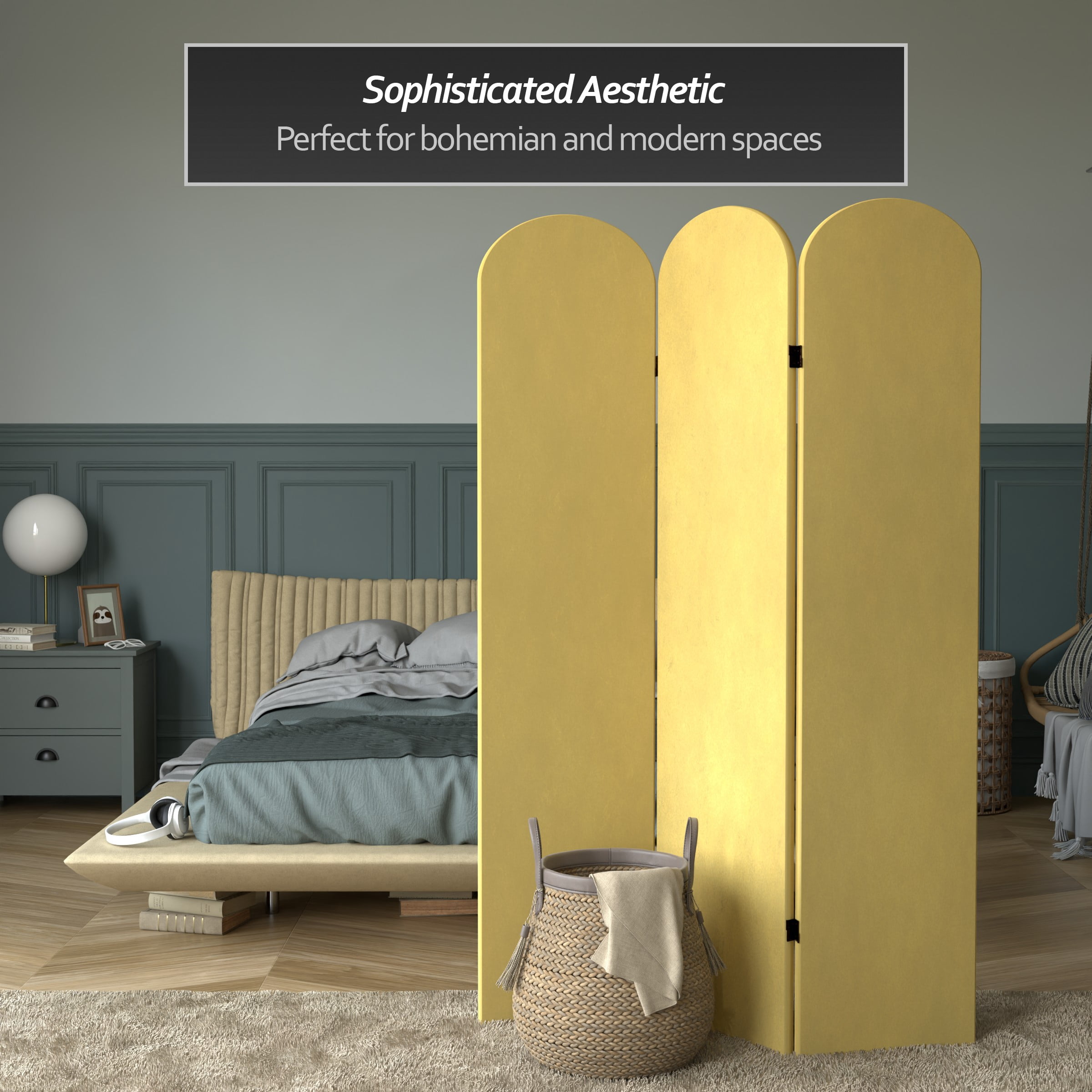6 ft. Classic Arch Velvet Room Divider Yellow 3 Panel
