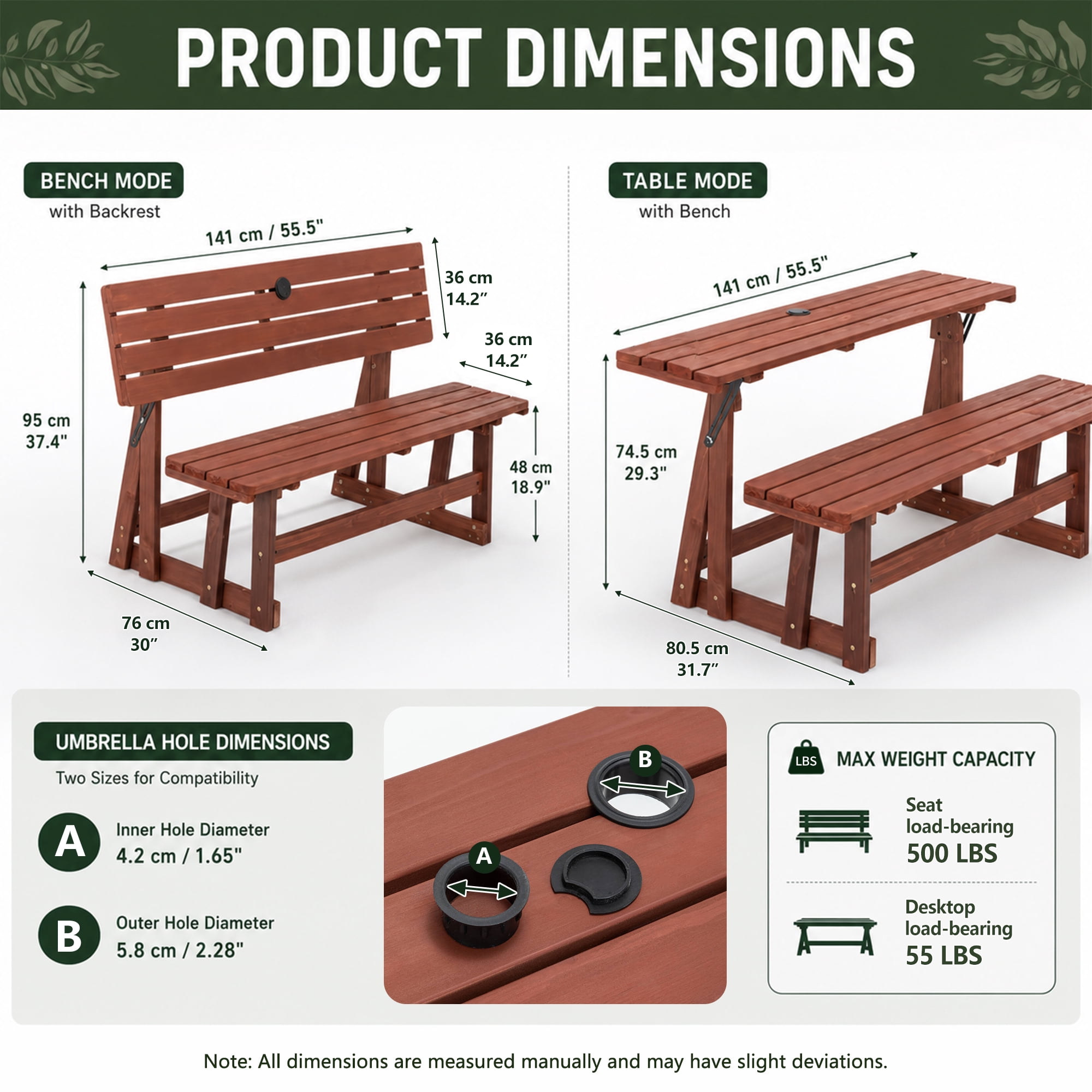 2-in-1 Convertible Bench Picnic Table, Outdoor Folding Dining Set with Backrest & Umbrella Hole, Solid Wood Waterproof & UV Resistant, For Backyard, Patio, Garden, Park Walkway