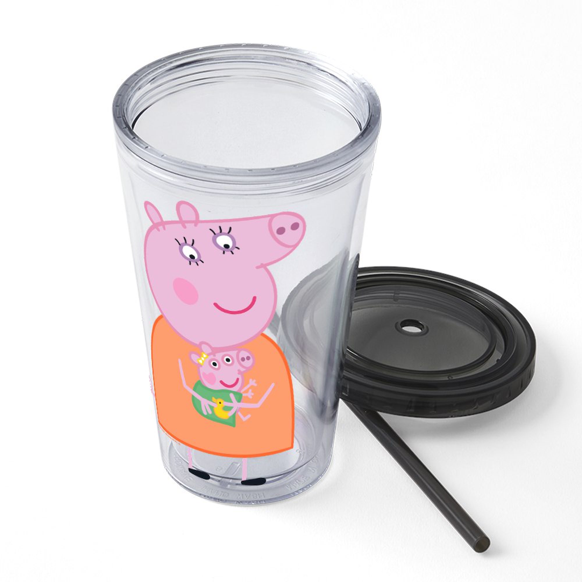 CafePress - Peppa Pig: Holding Baby - 16 Ounce Classic Clear Insulated Double Wall Tumbler Cup with Lid Straw , Reusable