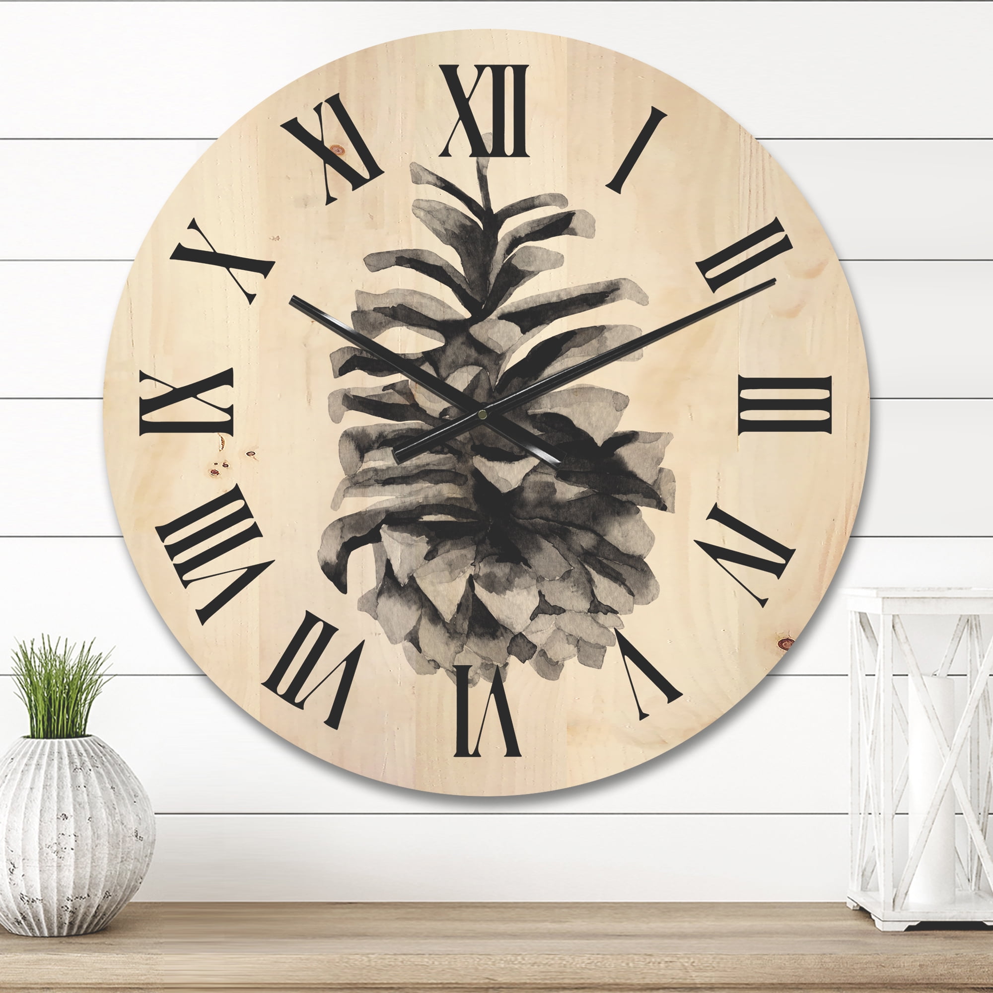 Designart 'Conifer Cone Black and White' Traditional Wood Wall Clock