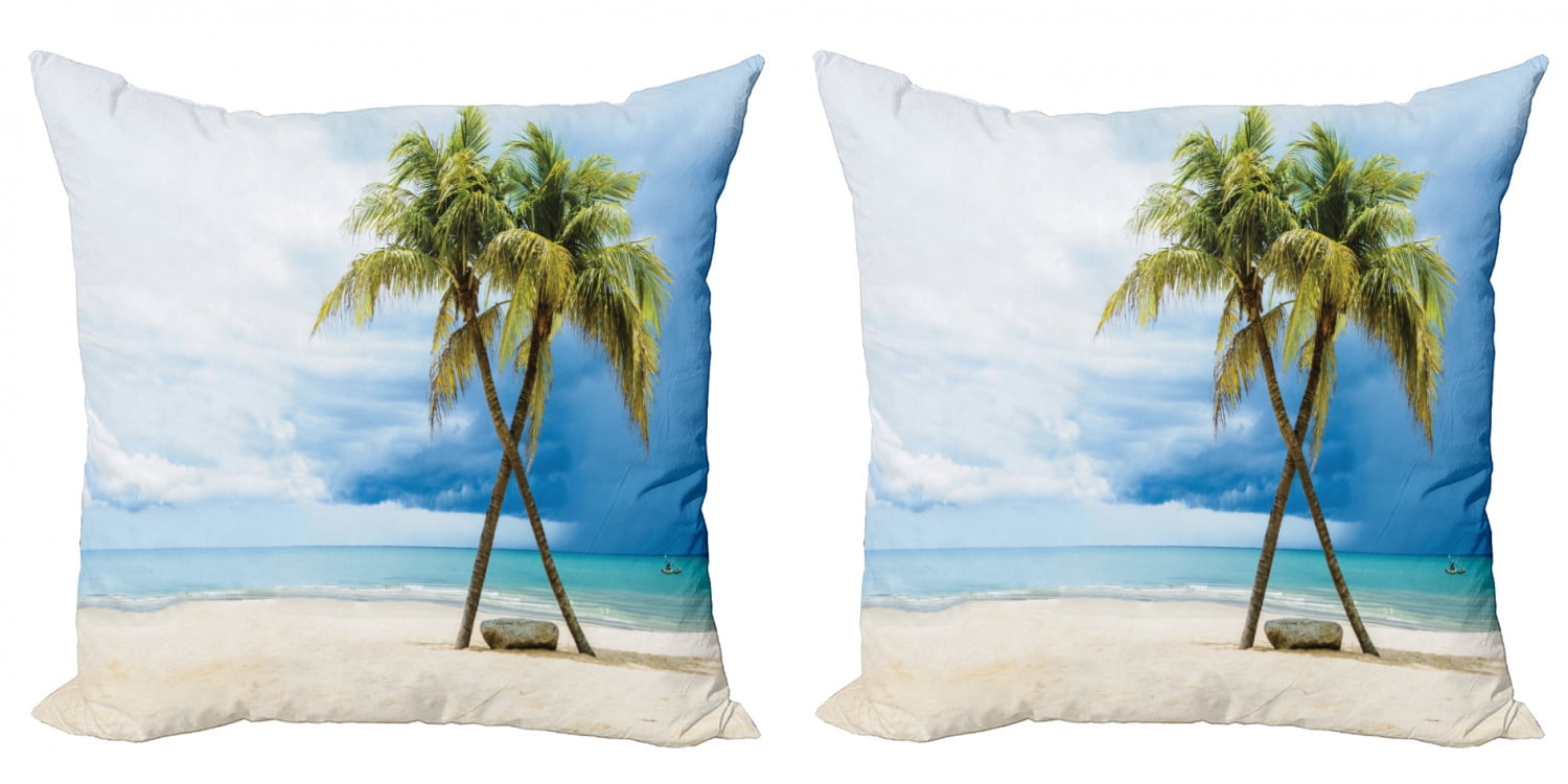 Hawaiian Throw Pillow Cushion Cover Pack Of 2 Cloudy Sky Boat In The Sea Palm Trees Sandy Beach Thailand Seascape Picture Print Zippered Double Side Digital Print 4 Sizes Green Blue By Ambesonne