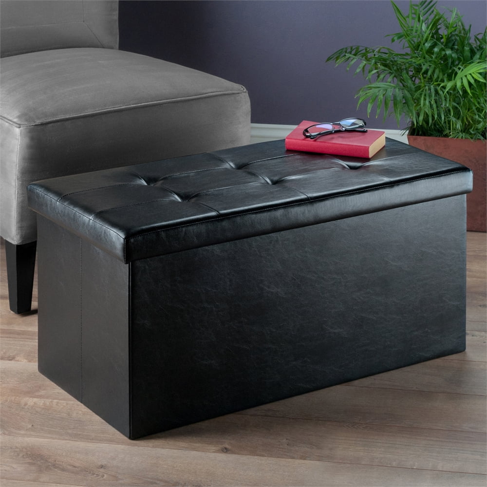Winsome Wood Ashford Rectangular Storage Ottoman, Black Faux Leather