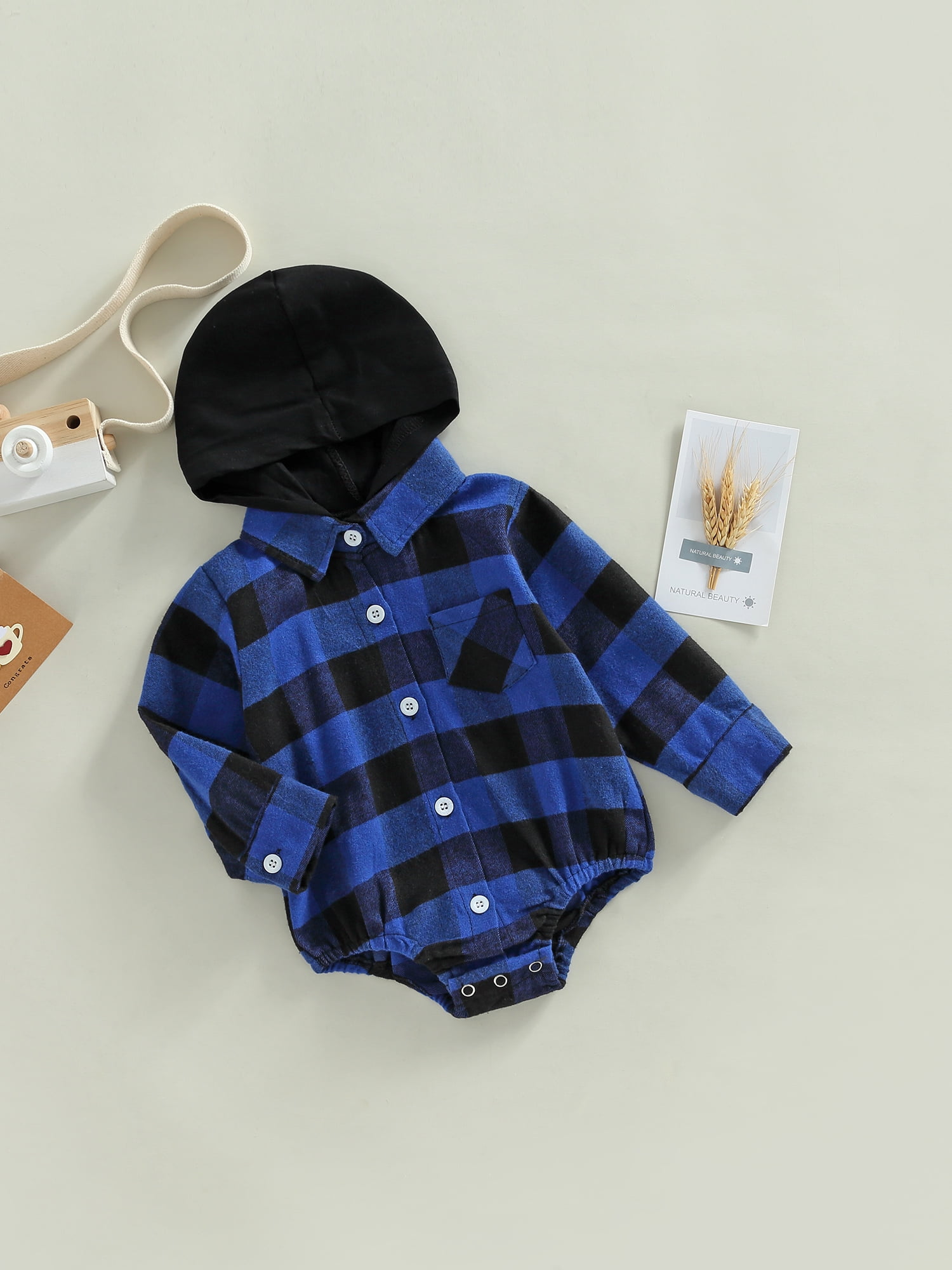 100% Cotton Baby Boy/Girl Bear Decor Hooded Long-sleeve Button Front Plaid Romper