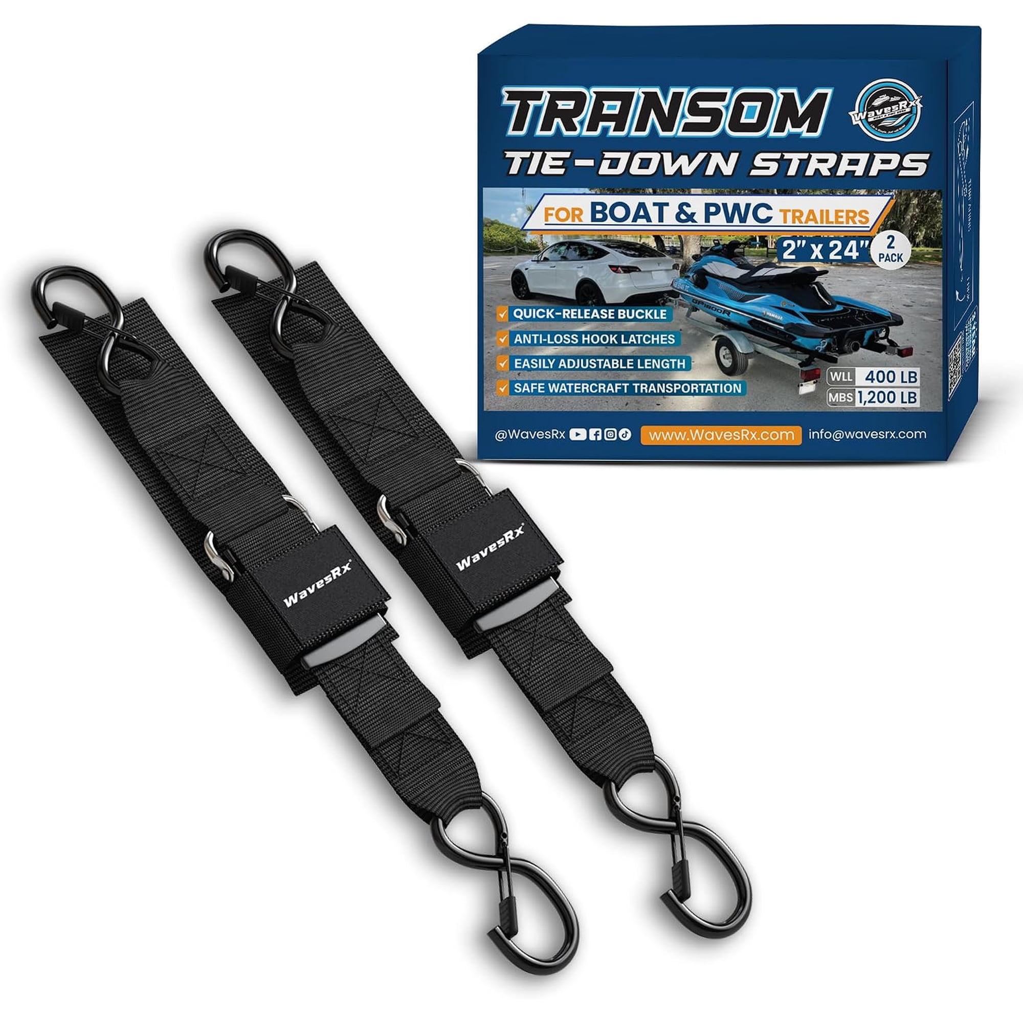 WAVESRX Boat and Jet Ski Trailer Tie Down Straps 2"x24" (2PK)