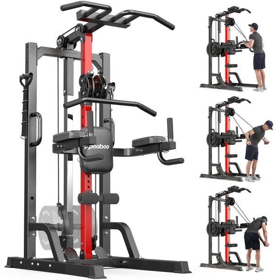 Lat Pulldown Machine, All-in-One Home Gym with Seated Row, High/Low Pulley, Leg Support – Heavy Duty Cable Tower for Back & Full Body Workouts
