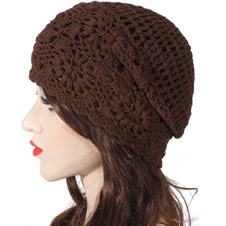 Women\'s Cotton Crochet Slouchy Beanie Hat Knit Summer Skull Cap Solid Brown Women Cotton Crochet Slouchy Beanie Hat Handmade Knit Cutout  main image 2