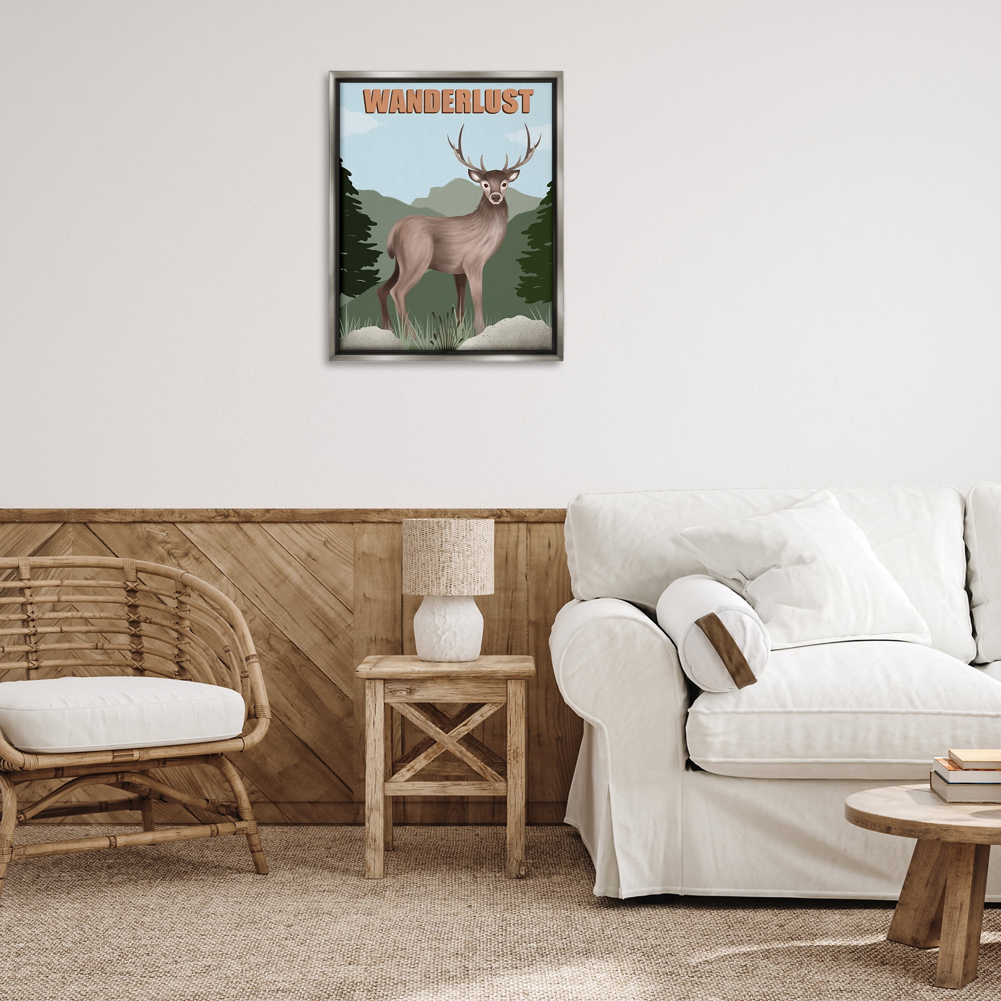 Stupell Industries Wanderlust Nature & Deer Animals Painting Gray Floater Framed Canvas Art Print Wall Art, 25 x 31