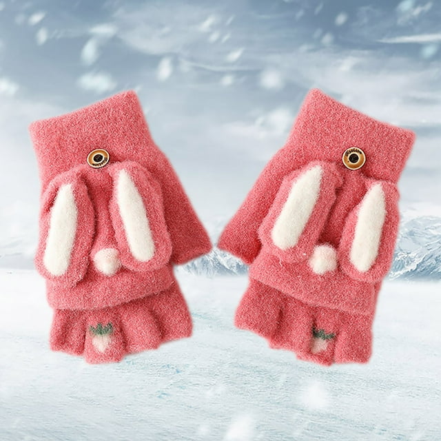 Warm Winter Outdoor Toddler Knitted Half Finger Mitten Cute Long Eared Rabbit Kids Girl Gloves