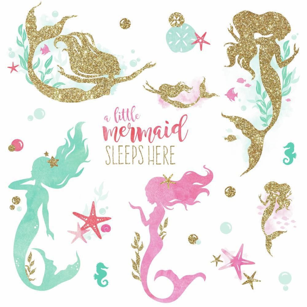 Roommates Mermaid Peel and Stick Wall Decals with Glitter pink, Turquoise, Golden Ocean Stickers