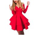 thumbnail image 2 of symoid Long Dresses for Women- Fashion Elegant Deep V-neck Solid Long Sleeve Ruffled Evening Dress Red S, 2 of 8
