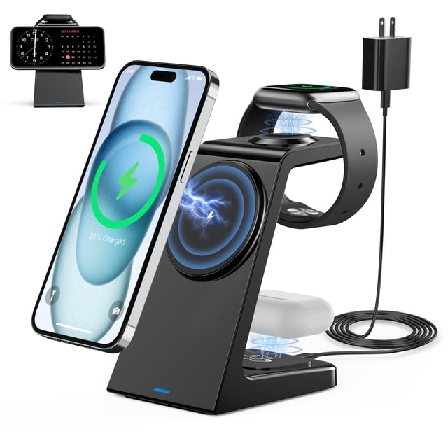 Estación de carga inalámbrica magnética 3 en 1 Soporte de cargador Mag-Safe de Apple de 20 W Cargador inalámbrico magnético para iPhone 16 15 14 13 12 Pro/Pro Max/Plus/Mini AirPods 2/3/Pro iWatch Ultr
