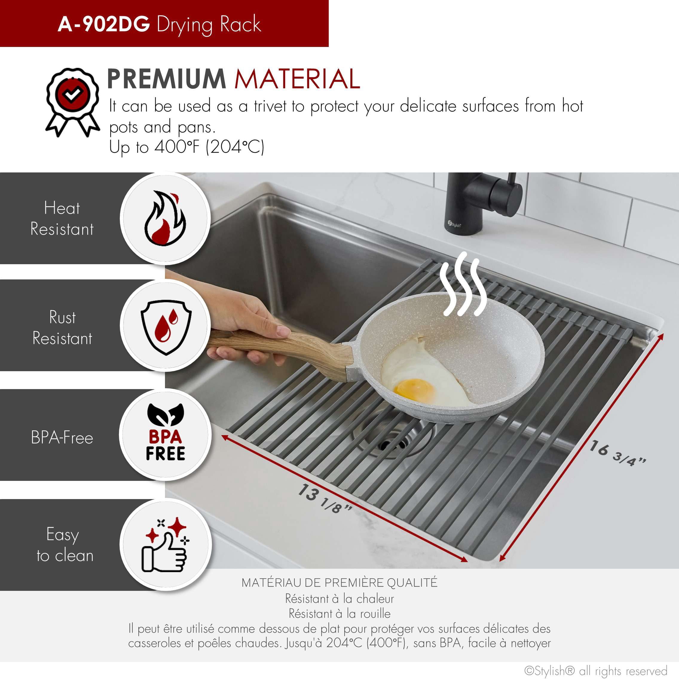 Stylish Stainless Steel Colander (16" x 8"), Gray Silicone Drying Rack (16 ¾" x 13 ⅛") & Bamboo Cutting Board (16 ¾" x 11"), A-919KIT