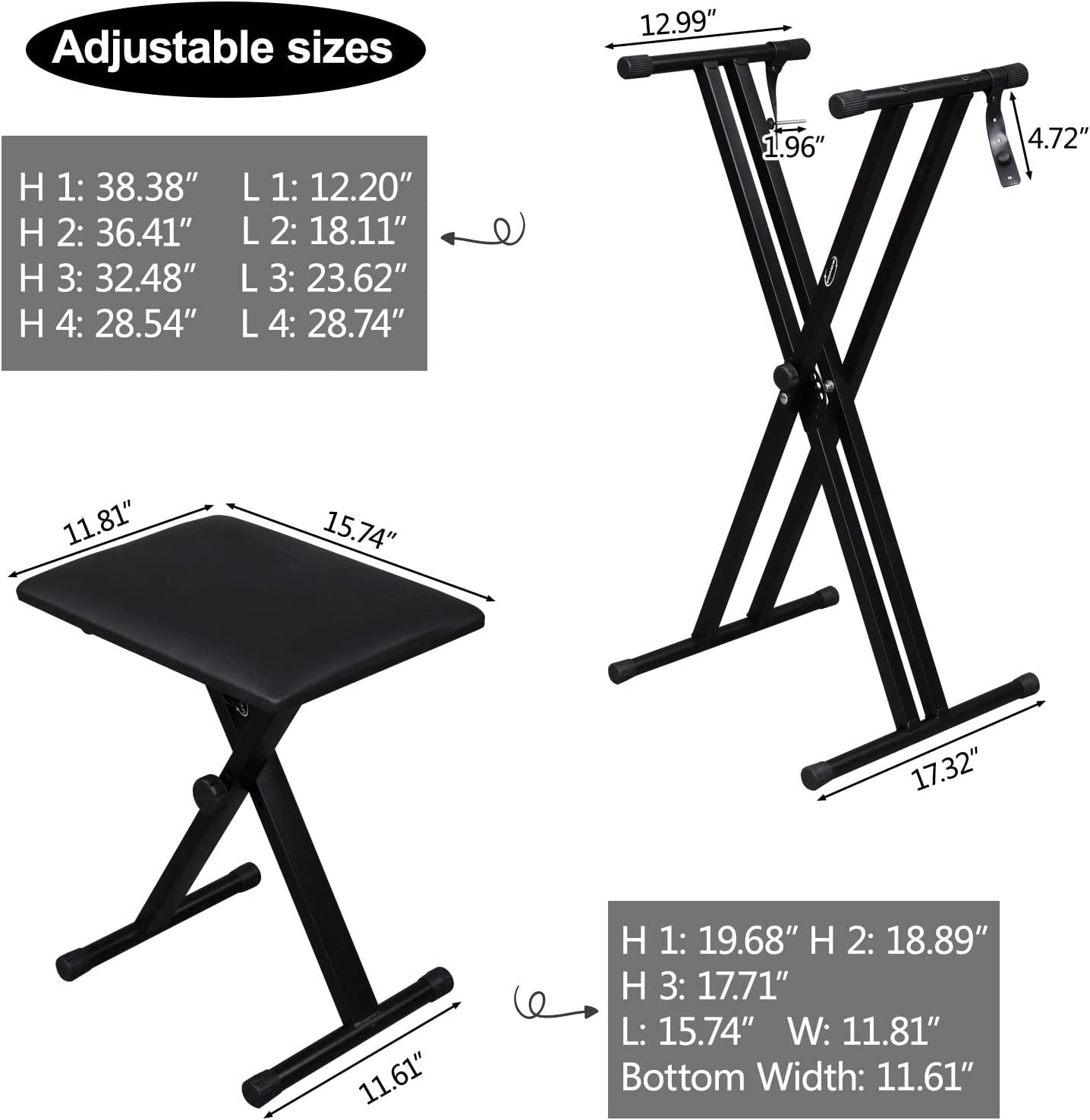 Heavy Duty Keyboard Stand and Bench, Piano Stand and Keyboard Bench with Adjustable Height and Portable (Double-X)