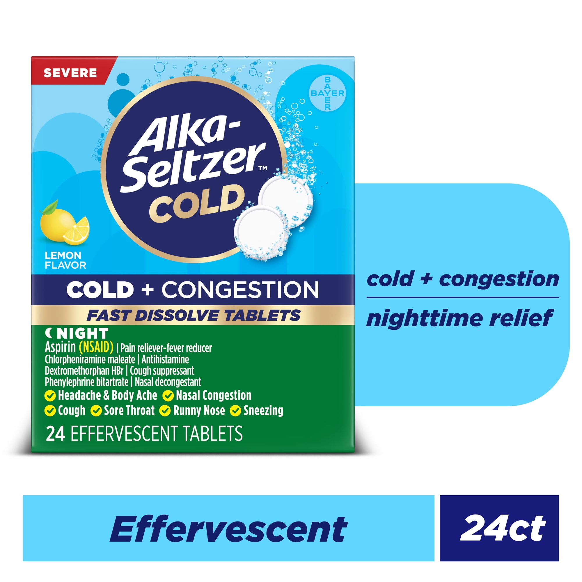 Alka-Seltzer Cold, Cold + Congestion Severe Night Fast Dissolve Tabs, Lemon Flavor, 24 Count