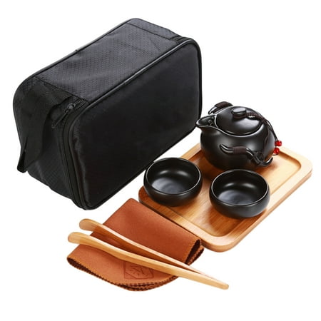 

Portable Travel Tea Set Porcelain Kung Fu Tea Ware with a Teapot & 2 Teacups & Tea Tray & Tea Cloth & Tea Tong & Travel Bag - Black