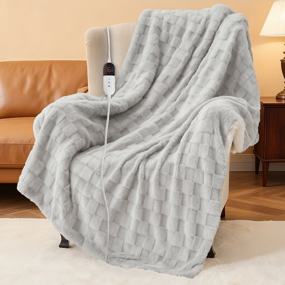 Dhole Electric Heated Blanket Checkered Fleece Throw 50x60 Inches Fast Heating Blanket 6 Heating Levels & 4 Hours Auto Off ETL Certification, Light Gray