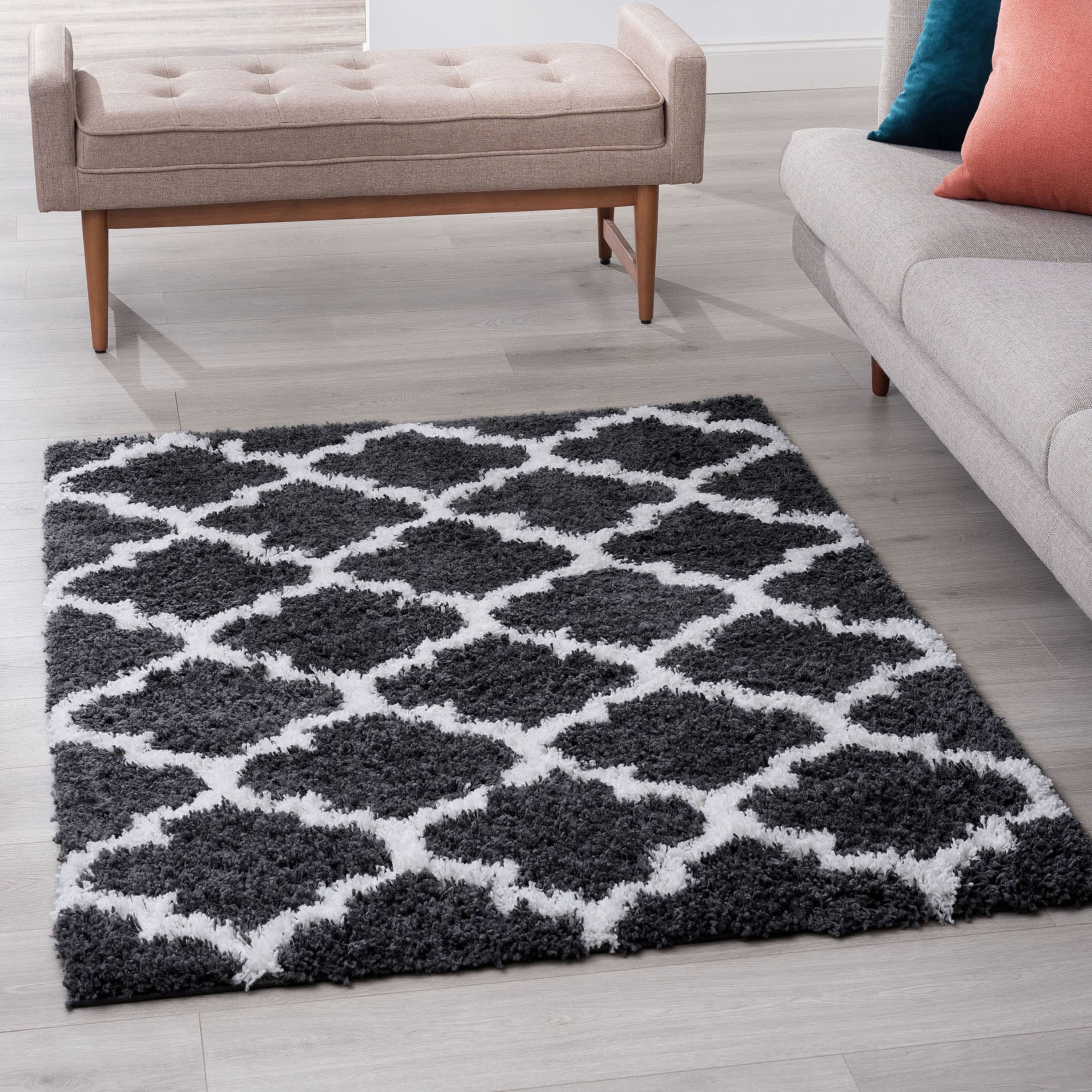 Transitional 9x12 Area Rug Shag Thick (8'9'' x 12'2'') Geometric Dark Gray, White Living Room Easy to Clean