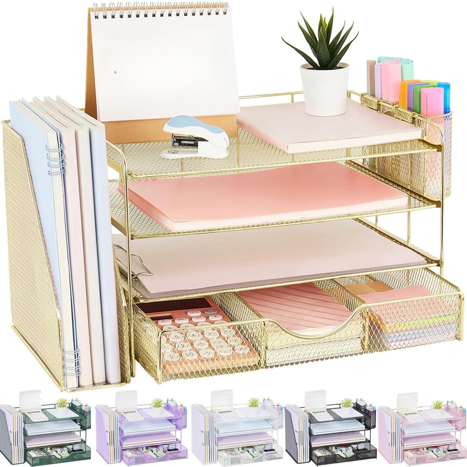 Desk Organizers and Accessories with File Holder 4-Tier Desk Accessories & Workspace Organizers with Drawer and 2 Pen Holder Paper Organizer