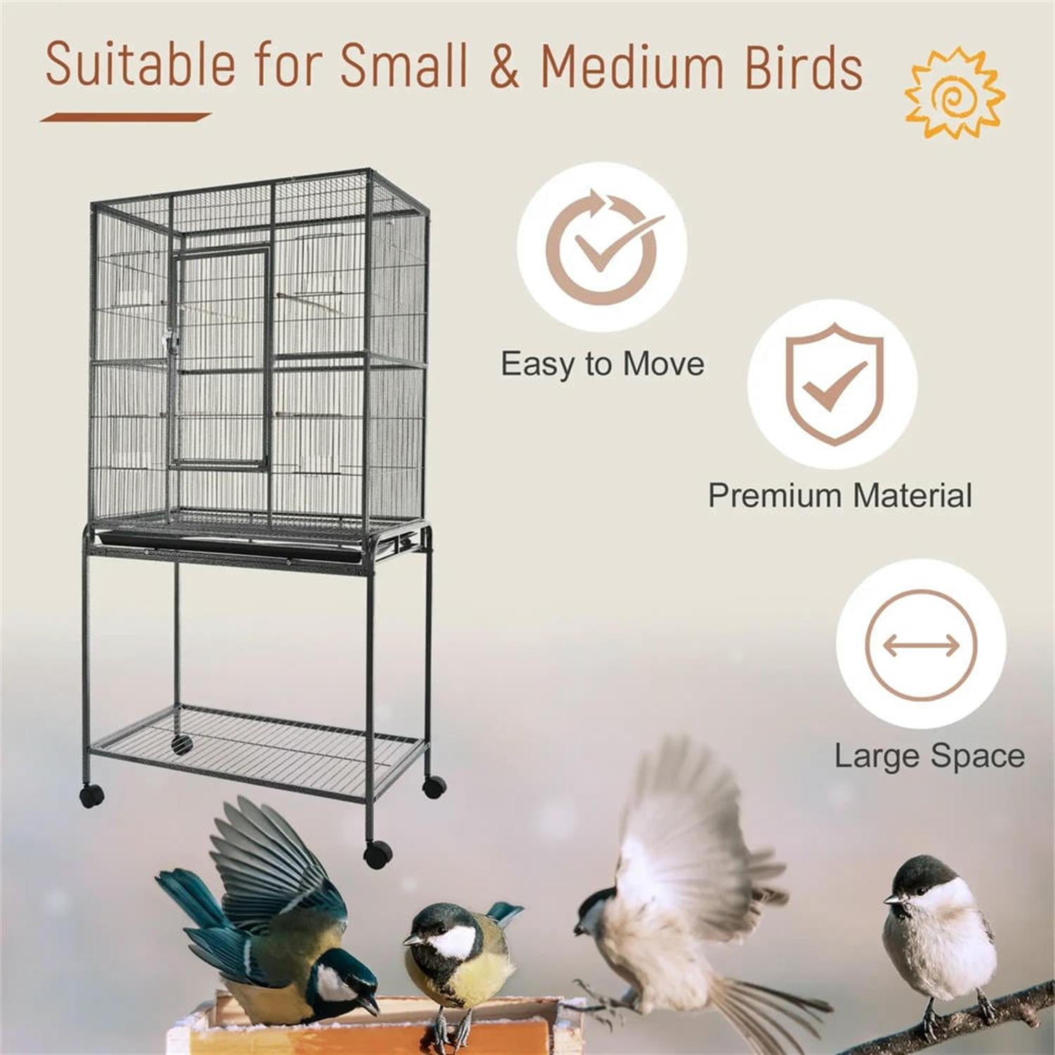 resenkos 64" Height Heavy Duty Travel Bird Cage Carrier with Rolling Stand, Wood Perch & Food Container for Parrots Conures Lovebird Cockatiel Parakeets, Black