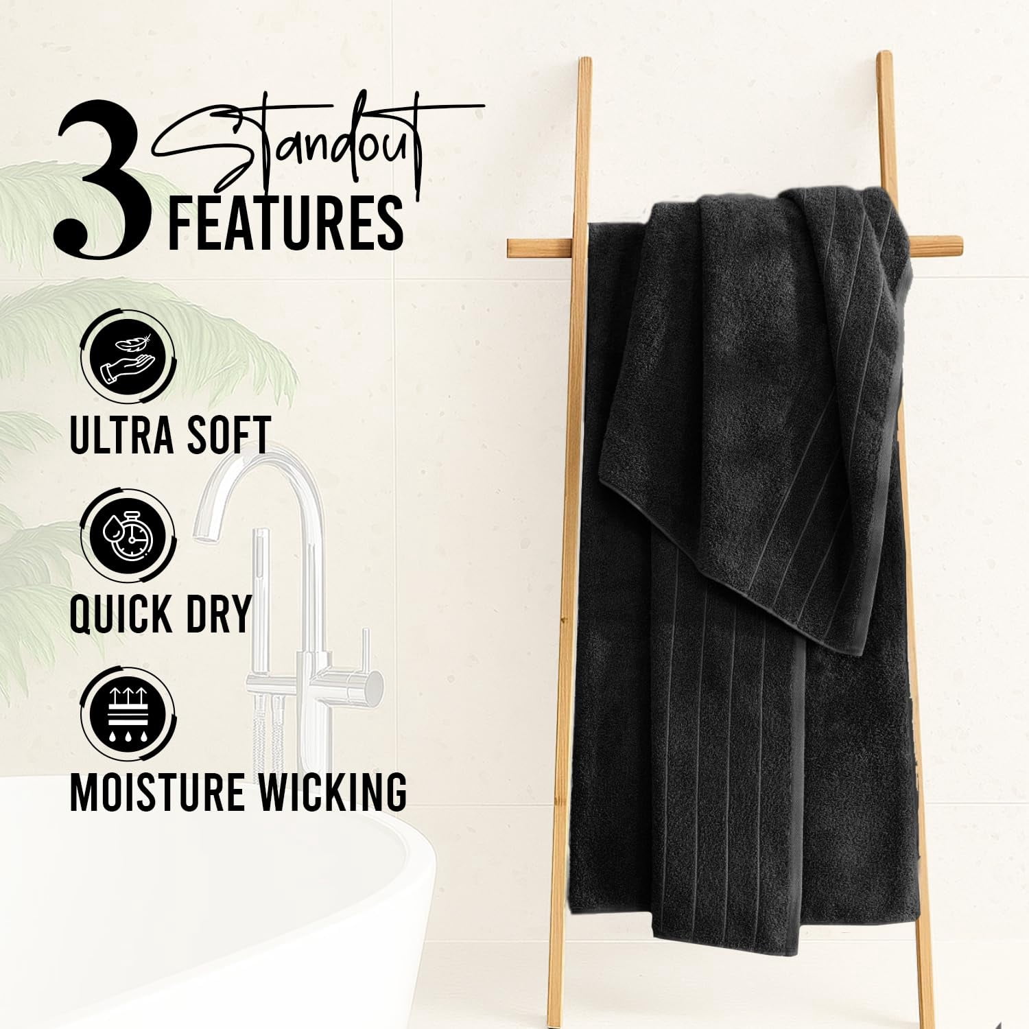 Dan River Bath Towel 30x60 pack of 4 Ultra Soft Quick Drying Large Cotton Towel - Black