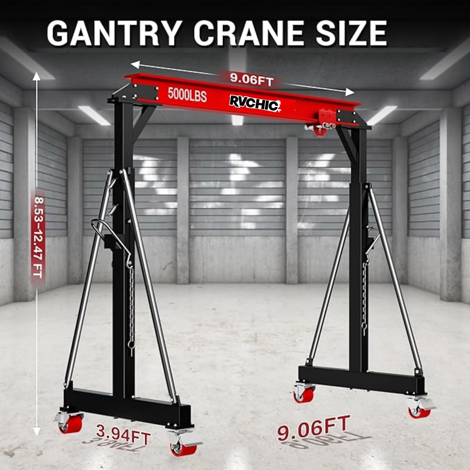 Rvchic 2 Ton Capacity Adjustable Gantry Crane, Steel I-Beam Construction Lift Hoist Rated 5000 LB with Locking Wheels,8.53-12.47ft Adjustable Height for Warehouse